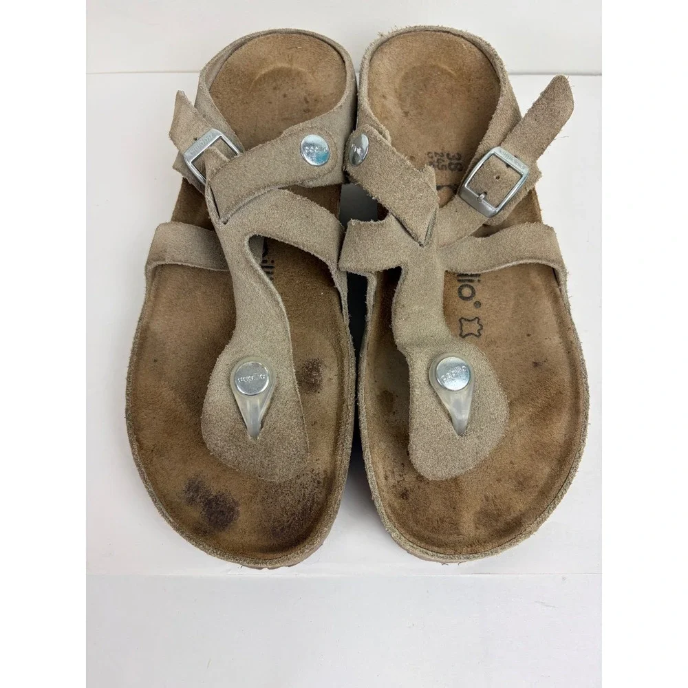 Papillio Birkenstock Luna Wedge Platform Sandals 38 Taupe Suede Thong Buckle
